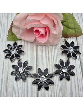 Black Flower Statement Necklace Rhinestone Accents Silver Chain Collar  Bib 18”